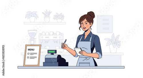 Friendly barista taking order with menu and cash register at cafe shop