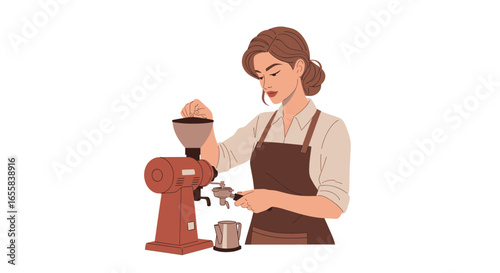 Focused female barista grinding fresh coffee beans in coffee shop, art illustration