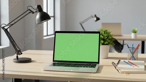 Close-up of a silver laptop with a green screen on a desk in a modern office with a minimalist background.