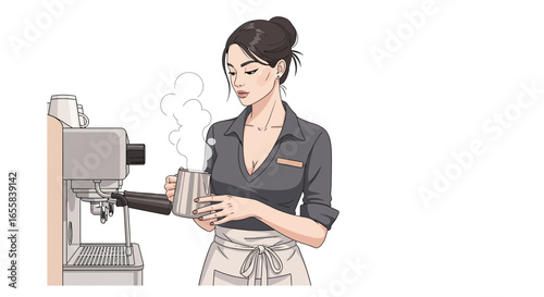 Illustration of a focused barista preparing steamed milk at a coffee shop
