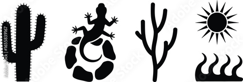 Desert landscape with cacti animals sun and heat haze silhouette