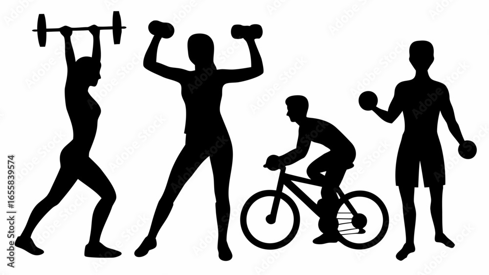 Obraz premium Silhouette illustration of people exercising with weights and riding a bicycle outdoors scene fitness