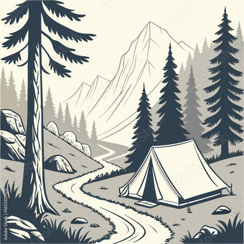 Camping in the Wilderness: An illustrated scene of a tent set up amidst a tranquil, forested landscape, with a winding path leading towards majestic mountains, inviting adventure and solitude.