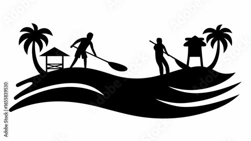 Silhouette illustration of two paddle boarders on a wavy sea with palm trees and huts on islands