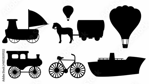 Silhouettes of various modes of transport including trains balloons bicycle horse and carriage and a boat shown