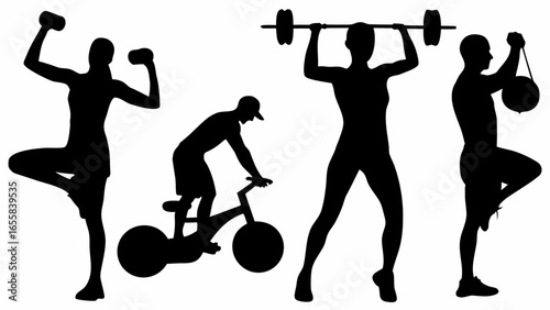 Silhouette of people exercising with weights, barbell, exercise ball, and stationary bike in black