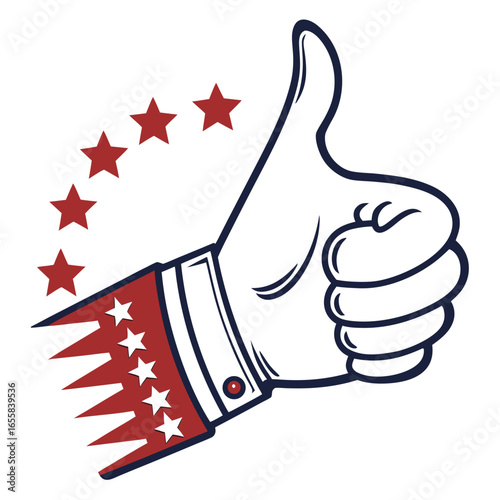 Approval and Excellence: A stylized hand illustration of a thumbs-up gesture, encircled by a ring of stars, conveying approval, recognition, and a sense of premium quality.