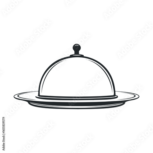 Elegant serving tray with dome lid in monochrome illustration