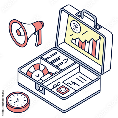 Isometric Marketing Toolbox: An isometric illustration of a briefcase brimming with marketing tools and data, showcasing strategy, measurement, and the tools necessary for brand promotion.