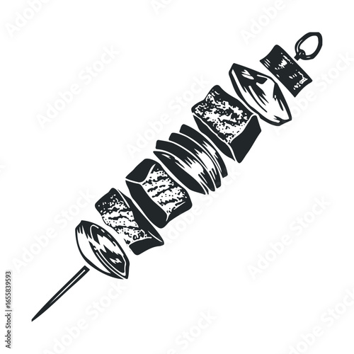 Grayscale skewered shish kebab illustration with vegetables and meat