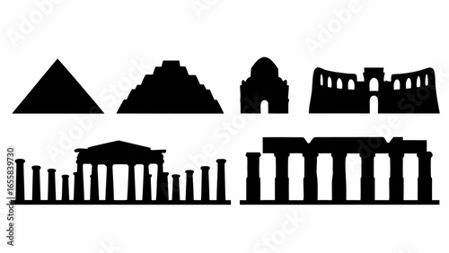 Silhouettes of various historical structures including pyramids and ancient buildings shown in black color