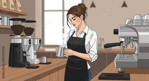 Professional barista preparing coffee at a cozy café illustration style