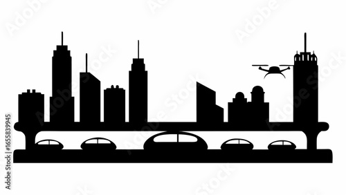 Silhouette of a futuristic city skyline with tall buildings and a drone flying above a bridge with cars