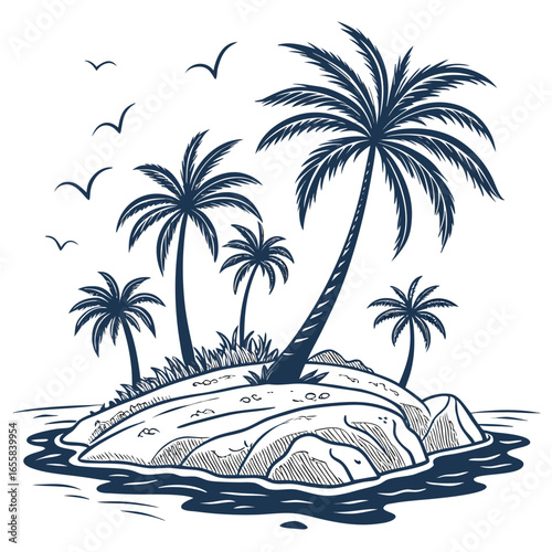Island Paradise Sketch: This hand-drawn image showcases a tranquil island paradise, complete with lush palm trees and gentle waves lapping the shore, ideal for evoking a sense of serenity and escape.