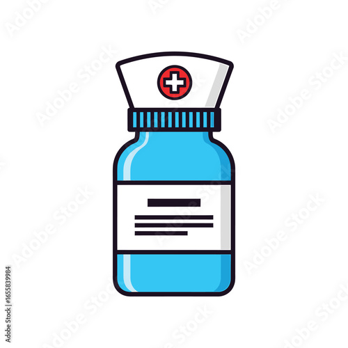 Illustration of a medicine bottle with a nurse hat on top, , representing healthcare and medical treatment