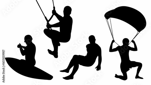 Silhouette illustration showing people engaging in outdoor activities like surfing climbing and paragliding