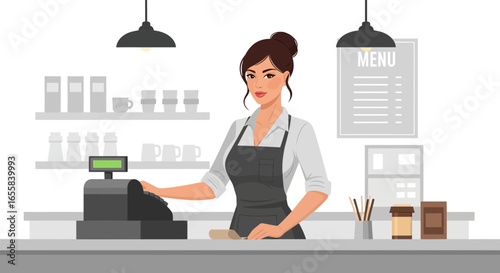 Professional barista standing in a coffee shop near a cash register