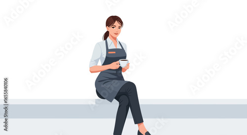 Relaxed waitress enjoying a coffee break, seated on a ledge in peaceful moment