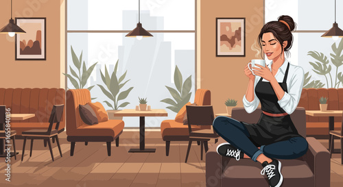 Relaxed Barista Enjoying a Coffee Break in Stylish Cafe Lounge Setting