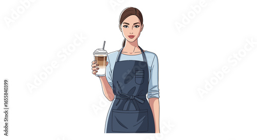 Smiling Barista Holding an Iced Coffee Drink, isolated on white backdrop