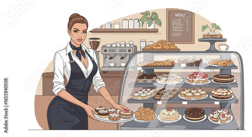 Stylish Bakery Illustration Featuring a Waitress and Dessert Display Case