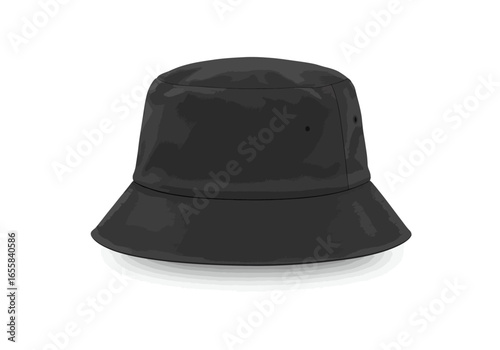 A black bucket hat with small air holes casting a subtle shadow on a white background