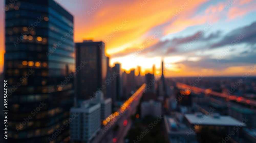 Fototapeta premium Blurred skyline at sunset featuring buildings clouds roads with traffic lights