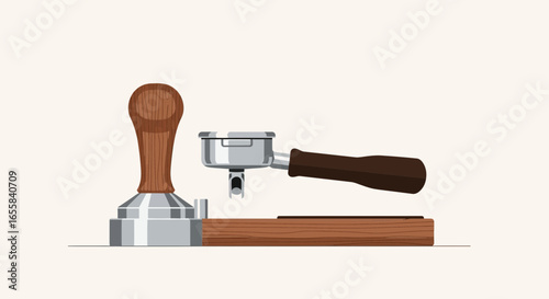 Stylized illustration showcases espresso preparation tools on minimalist background