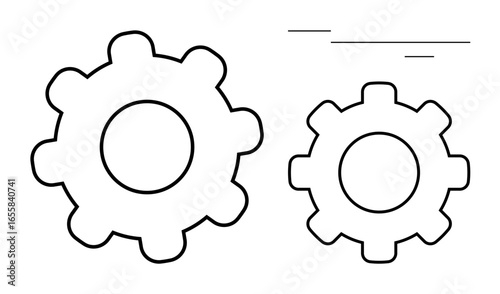 Two connected gears of different sizes symbolizing cooperation, machine operations, engineering, efficiency, mechanical systems, teamwork, and productivity. Ideal for innovation, process improvement