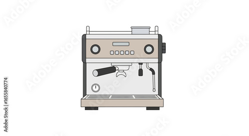 Stylized minimalist illustration of an espresso machine in neutral colors