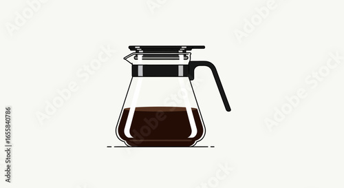 Stylized vector illustration featuring a clear coffee serving pot filled with dark brewed coffee