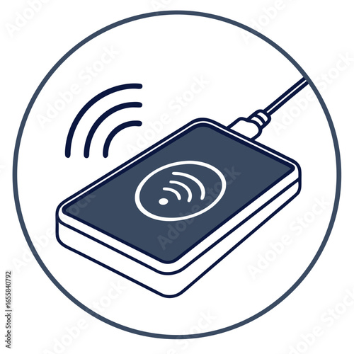 Wireless charging device: Simple graphic shows a wireless charging device, radiating wireless signal and plugged with cord.