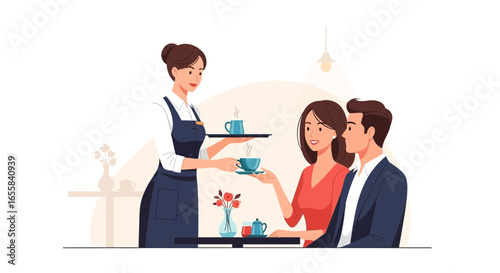 Waiter Serving Coffee to a Couple in a Restaurant for Valentine's Day