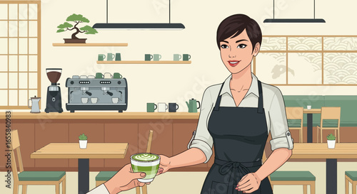Welcoming barista serves matcha latte in serene cafe ambiance illustration