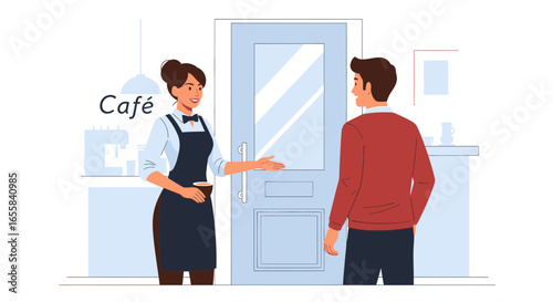 Welcoming cafe atmosphere with friendly waitress greeting the customer