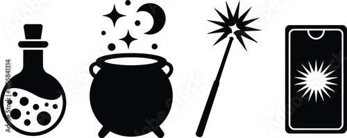 Collection of magical potion and spell icons in a distinctive silhouette style