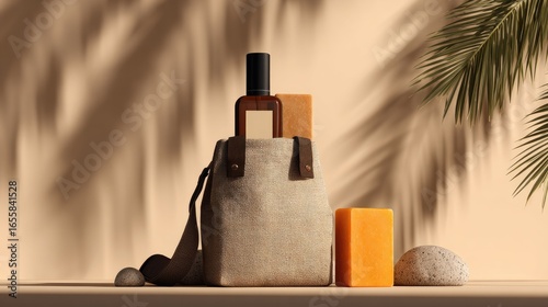 Natural-toned cosmetic bag with soap and perfume bottle.