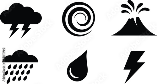 Natural disaster and weather icons featuring volcanoes and storms in silhouette style