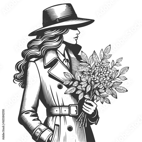 woman in a trench coat holding a bouquet of leafy branches, gazing thoughtfully to the side sketch engraving generative ai fictional character vector illustration. Scratch board. Black and white image