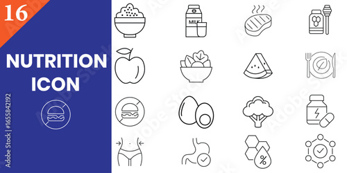 Vector nutrition icons. Editable Stroke. Nutrients in food, diet, weight loss, weighing, balance. Protein, carbohydrate, fiber, trans fat, vitamins sugar sodium calcium cholesterol gluten lactos