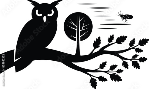A majestic nocturnal owl perched on a tree branch silhouette