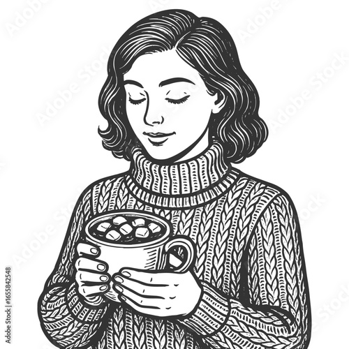 woman in a cable knit sweater holding a warm drink topped with marshmallows sketch engraving generative ai fictional character vector illustration. Scratch board imitation. Black and white image.