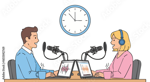 Podcast Interview Two Hosts Talking into Microphones