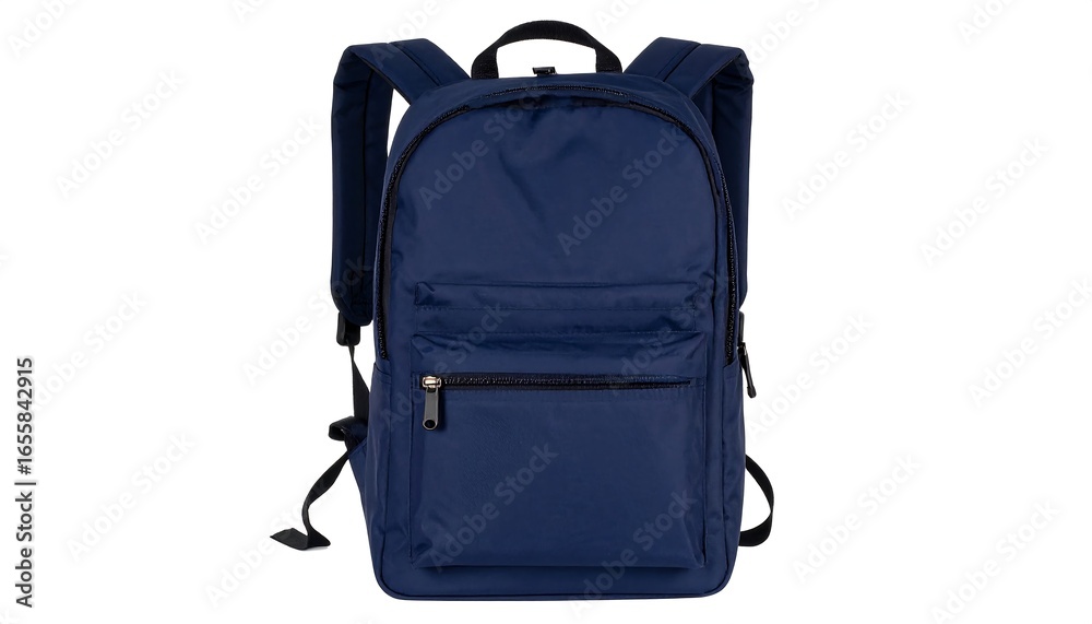 Fototapeta premium Front View of a Sleek Navy Blue Backpack with Black Straps on a White Background