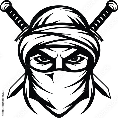 Masked warrior face reveals intense eyes with crossed swords in black and white style