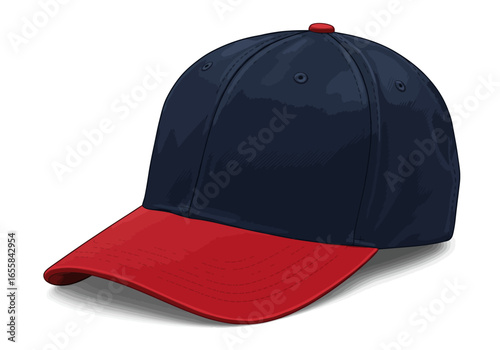A navy blue baseball cap with a red brim featuring a red button on top and stitched details