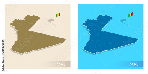 Mali country flag installed on geographic positioning map point of country territory. Mali commonwealth banner on land and sea. Festive patriotic HD format template for independence day