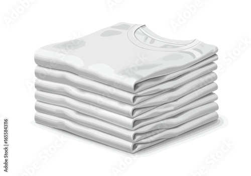 A neatly stacked pile of several folded plain white Tshirts is shown against a blank background