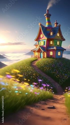 Colorful Fantasy House on Hilltop with Cloudscape – Magical Video Background for Fantasy Scenes