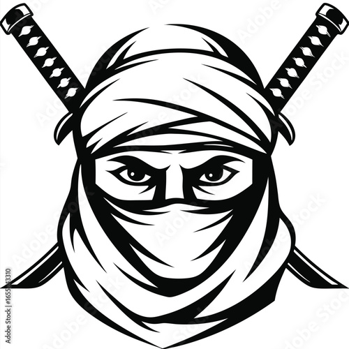 shows ninja character's face with a mask and two crossed swords behind him